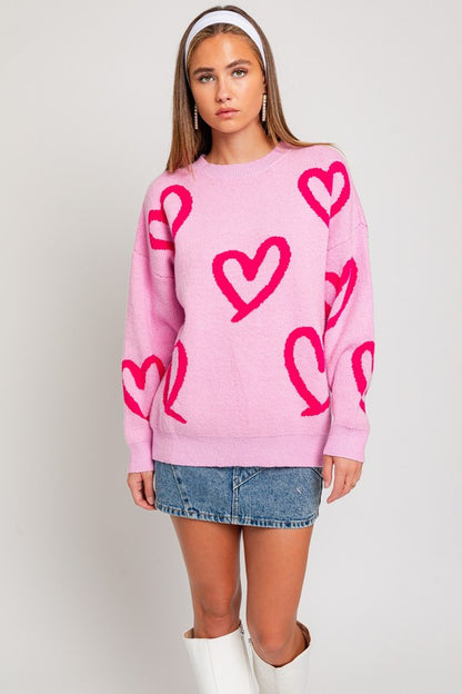 Long Sleeve Round Neck Heart Printed Sweater - steven wick