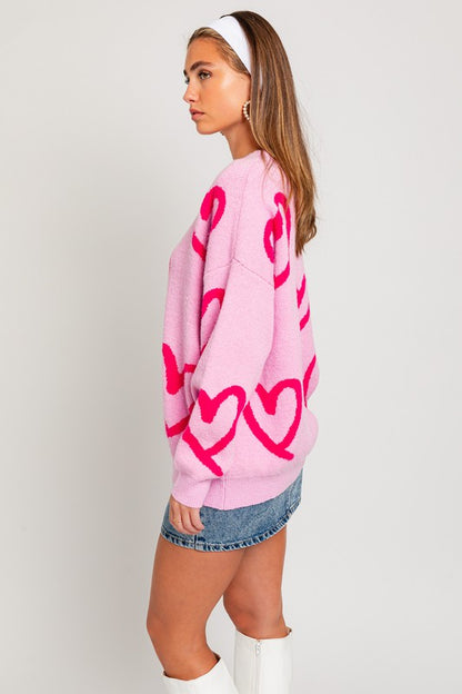 Long Sleeve Round Neck Heart Printed Sweater - steven wick