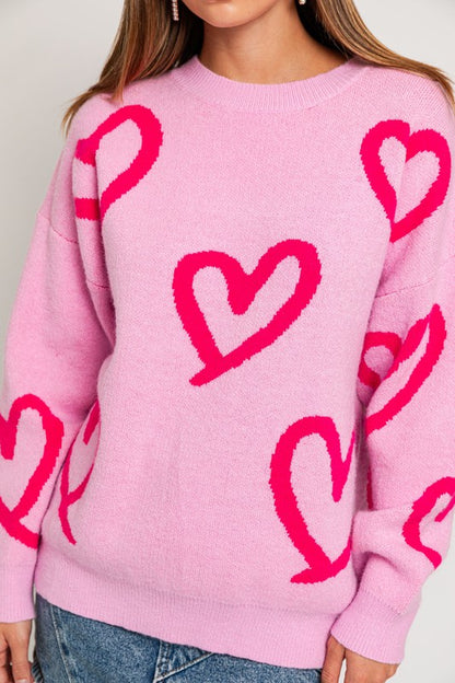 Long Sleeve Round Neck Heart Printed Sweater - steven wick