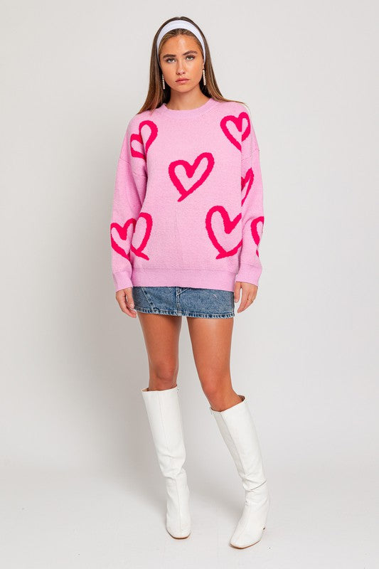 Long Sleeve Round Neck Heart Printed Sweater - steven wick