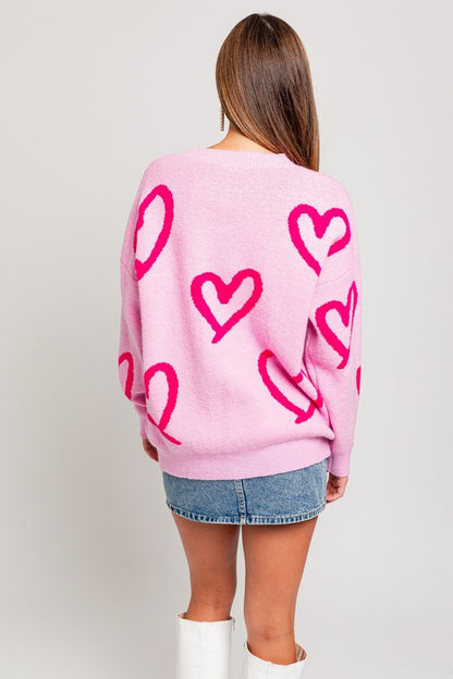 Long Sleeve Round Neck Heart Printed Sweater - steven wick