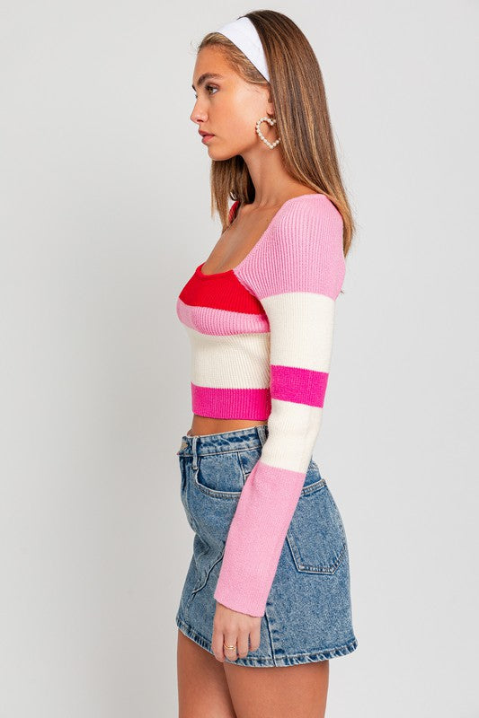 Long Sleeve Color Block Stripe Knit Top - steven wick