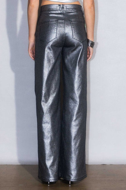 Metallic Leather High Rise Wide Pants - steven wick