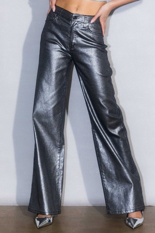 Metallic Leather High Rise Wide Pants - steven wick