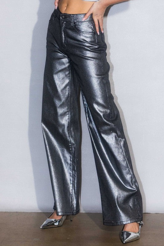 Metallic Leather High Rise Wide Pants - steven wick