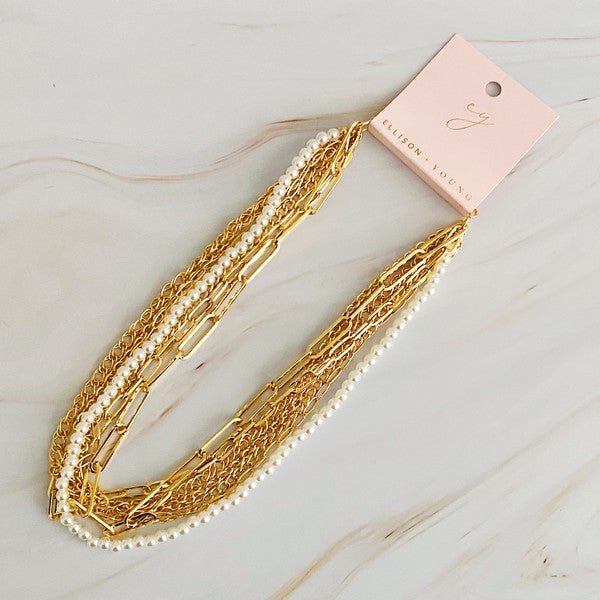 Gold Multi Chain Pearl Necklace - steven wick