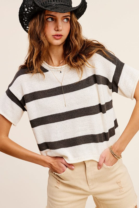 Lightweight Stripe Sweater Short Sleeve Top - steven wick