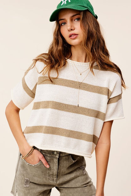 Lightweight Stripe Sweater Short Sleeve Top - steven wick