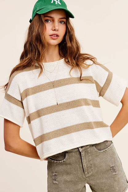 Lightweight Stripe Sweater Short Sleeve Top - steven wick