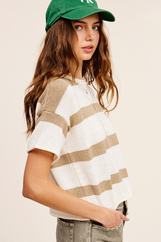 Lightweight Stripe Sweater Short Sleeve Top - steven wick