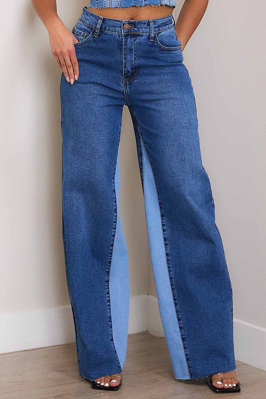 High-Rise Color Block Wide Jeans - steven wick