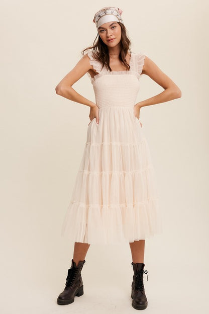 Smocked Ruffle Tiered Mesh Midi Dress - steven wick