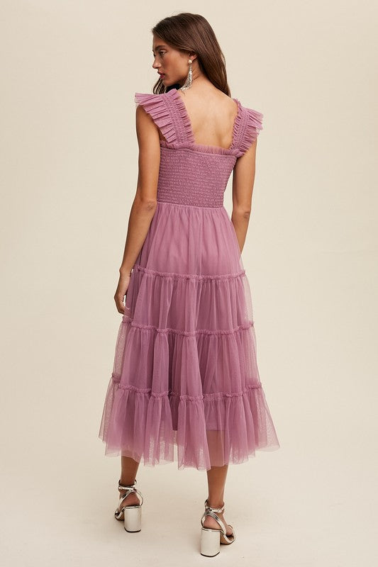 Smocked Ruffle Tiered Mesh Midi Dress - steven wick