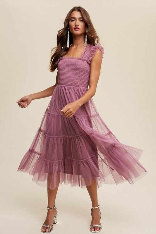 Smocked Ruffle Tiered Mesh Midi Dress - steven wick