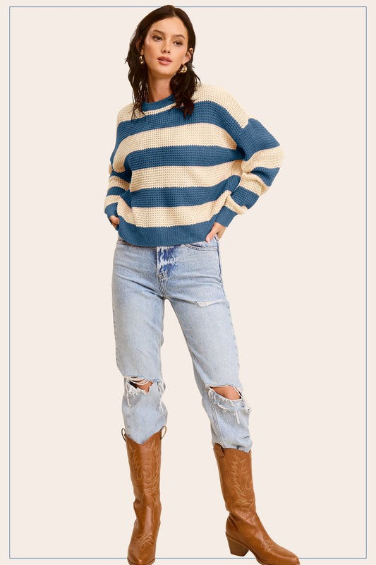 Striped Round Neck Loose Fit Sweater - steven wick