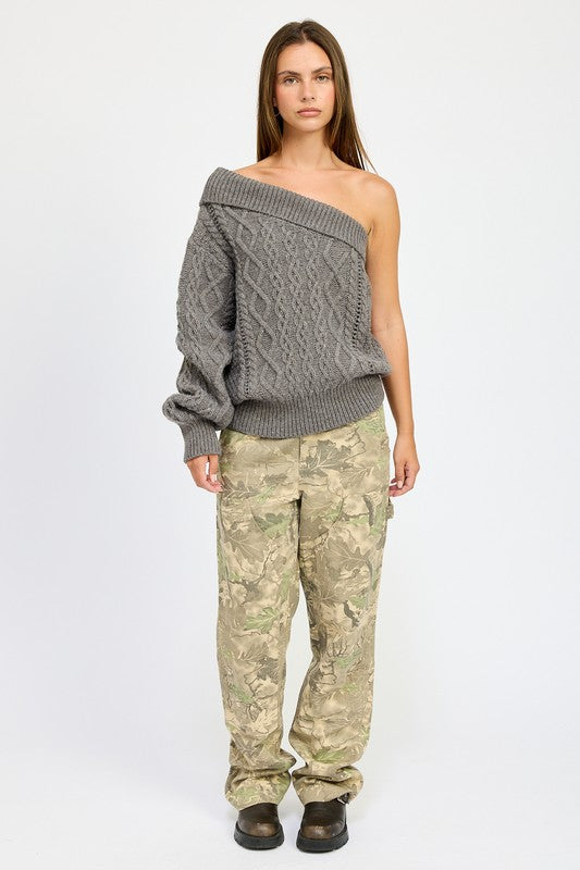 Oversized One Shoulder Cable Sweater - steven wick