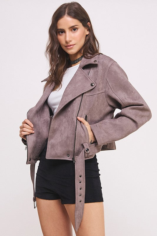 Belted Long Sleeve Zippered Suede Moto Jacket - steven wick