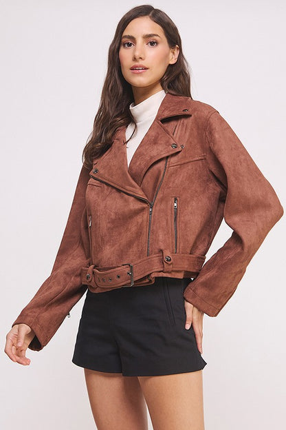 Belted Long Sleeve Zippered Suede Moto Jacket - steven wick