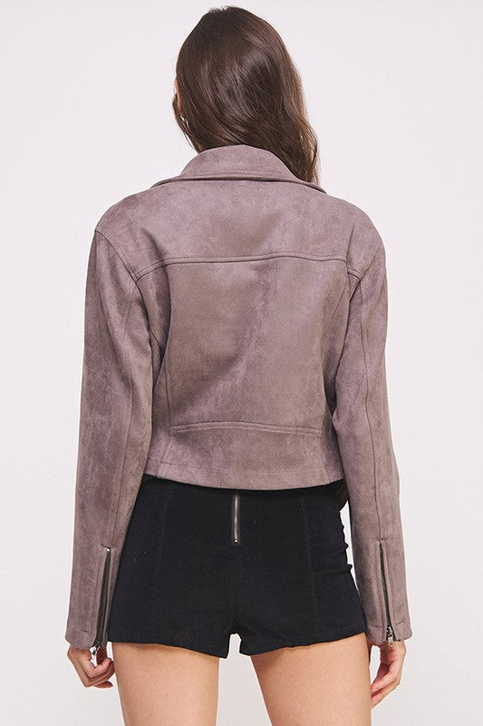 Belted Long Sleeve Zippered Suede Moto Jacket - steven wick