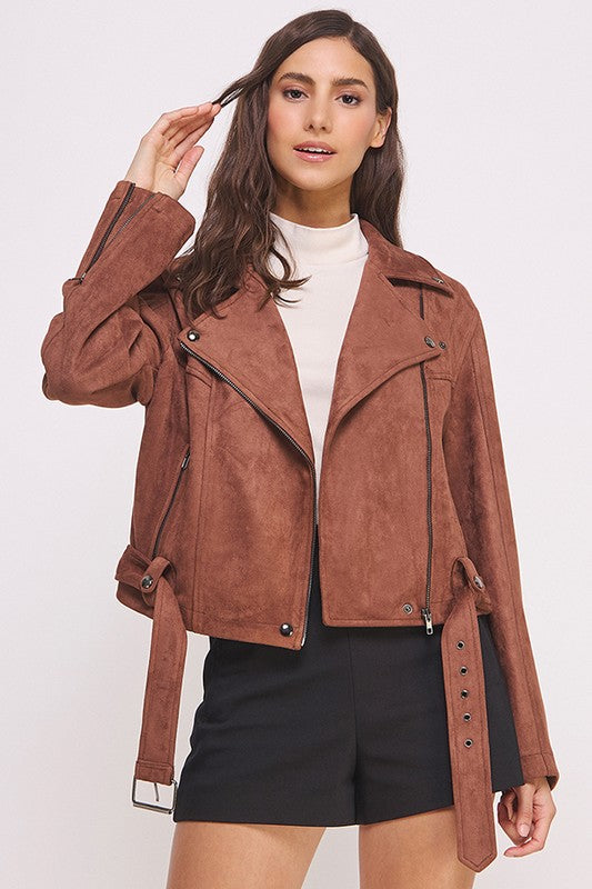 Belted Long Sleeve Zippered Suede Moto Jacket - steven wick