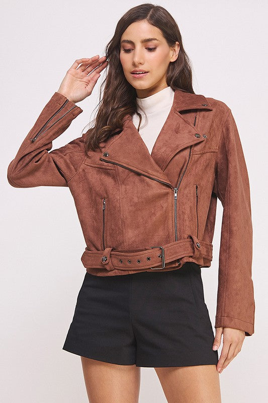 Belted Long Sleeve Zippered Suede Moto Jacket - steven wick