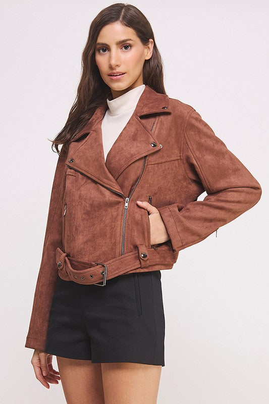 Belted Long Sleeve Zippered Suede Moto Jacket - steven wick