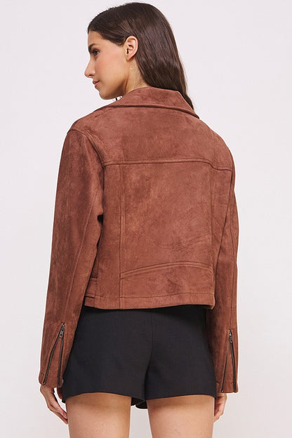 Belted Long Sleeve Zippered Suede Moto Jacket - steven wick