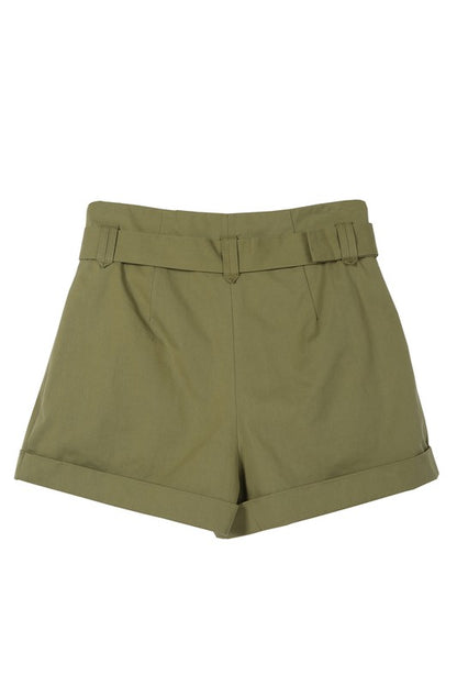 Solid High Waisted Wide Thigh Casual Belted Shorts - steven wick