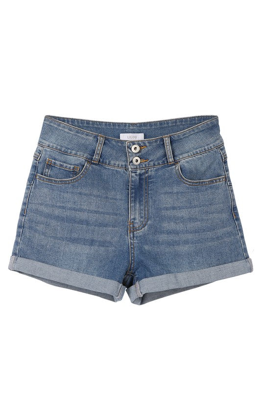 High Rise Blue Wash Curvy Bermuda Denim Shorts - steven wick