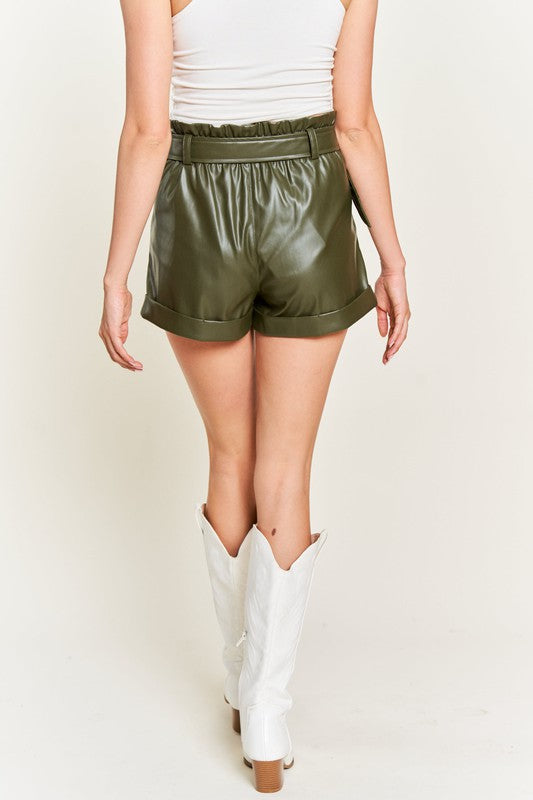 High-Rise Waist Belted Faux Leather Shorts - steven wick