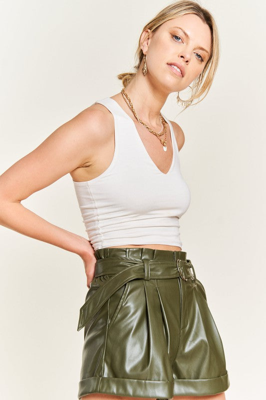 High-Rise Waist Belted Faux Leather Shorts - steven wick