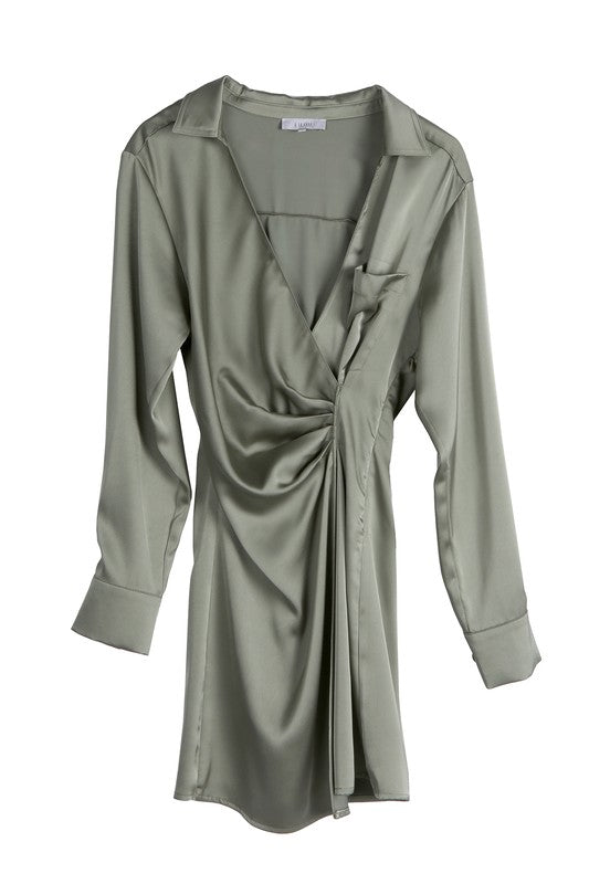 Long-Sleeved Satin Collared Wrap Mini Dress - steven wick