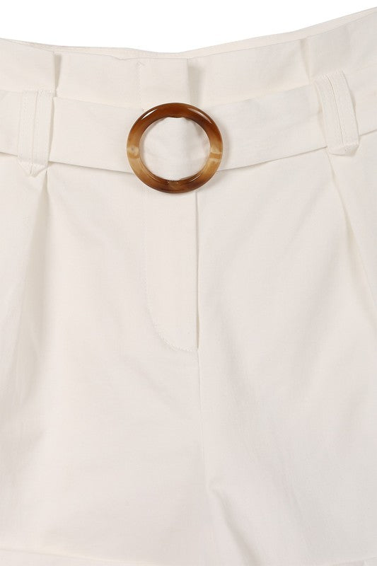 Solid High Waisted Wide Thigh Casual Belted Shorts - steven wick