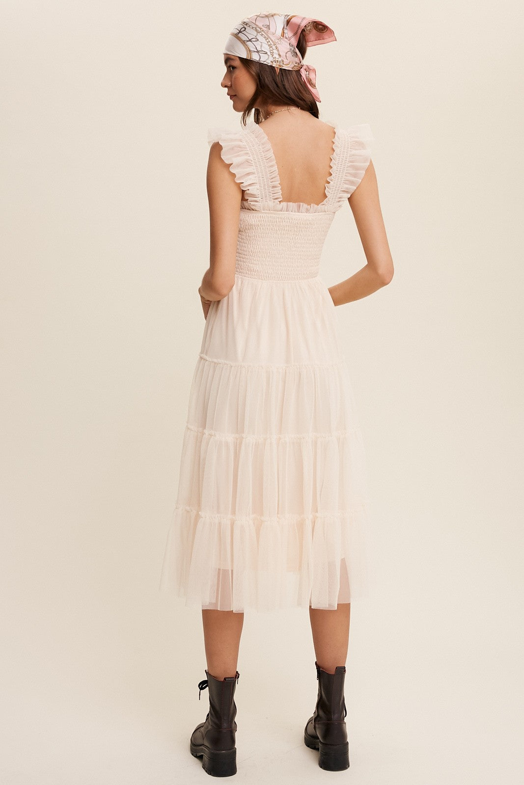 Smocked Ruffle Tiered Mesh Midi Dress - steven wick