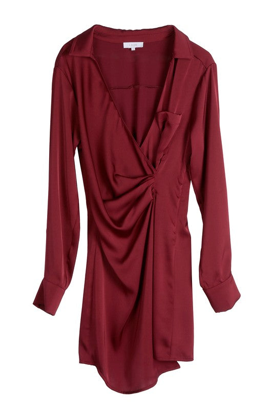 Long-Sleeved Satin Collared Wrap Mini Dress - steven wick