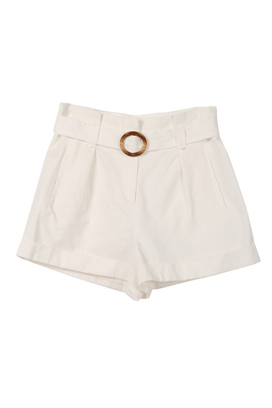 Solid High Waisted Wide Thigh Casual Belted Shorts - steven wick