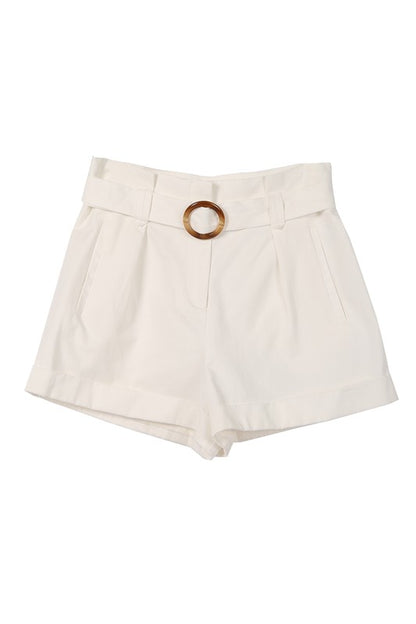 Solid High Waisted Wide Thigh Casual Belted Shorts - steven wick