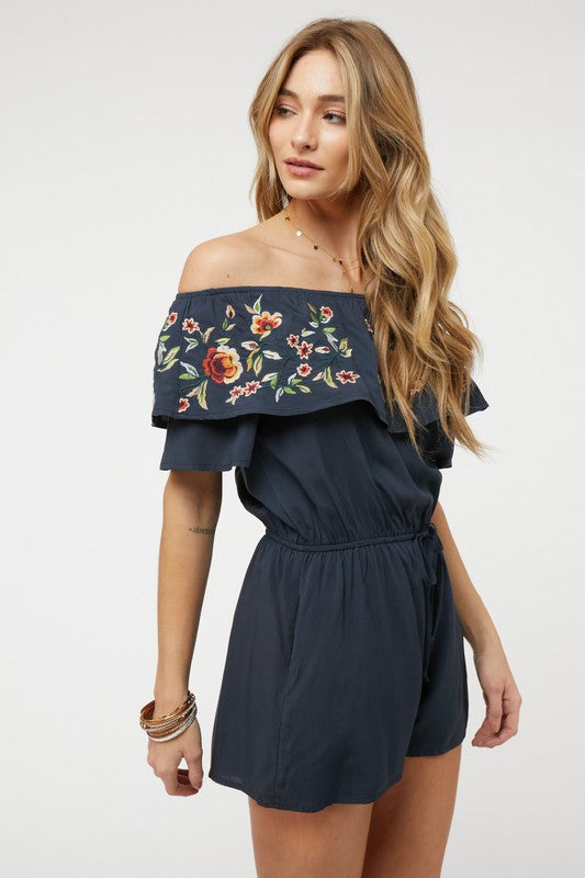 Floral Embroidered Ruffle Off-Shoulder Romper - steven wick