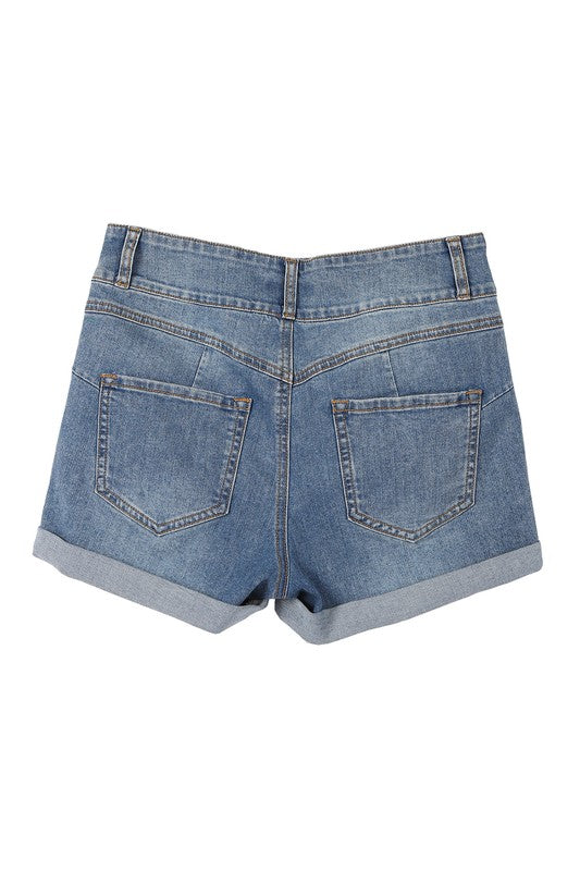 High Rise Blue Wash Curvy Bermuda Denim Shorts - steven wick