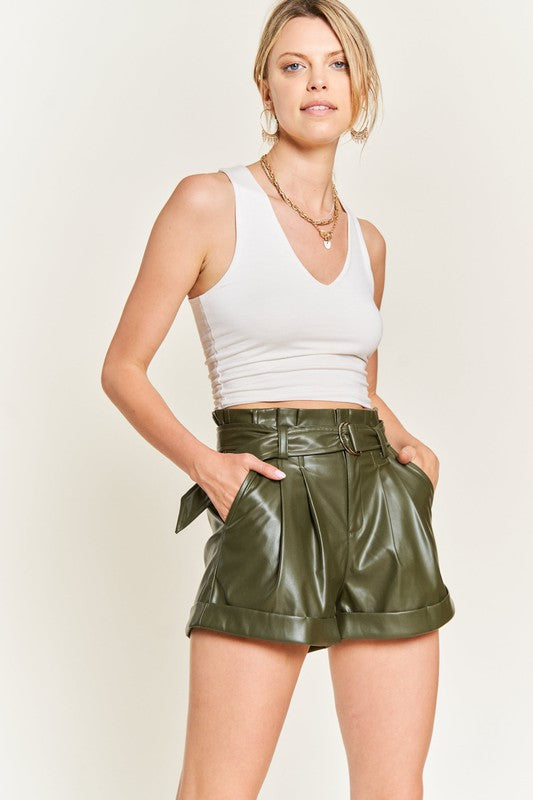 High-Rise Waist Belted Faux Leather Shorts - steven wick