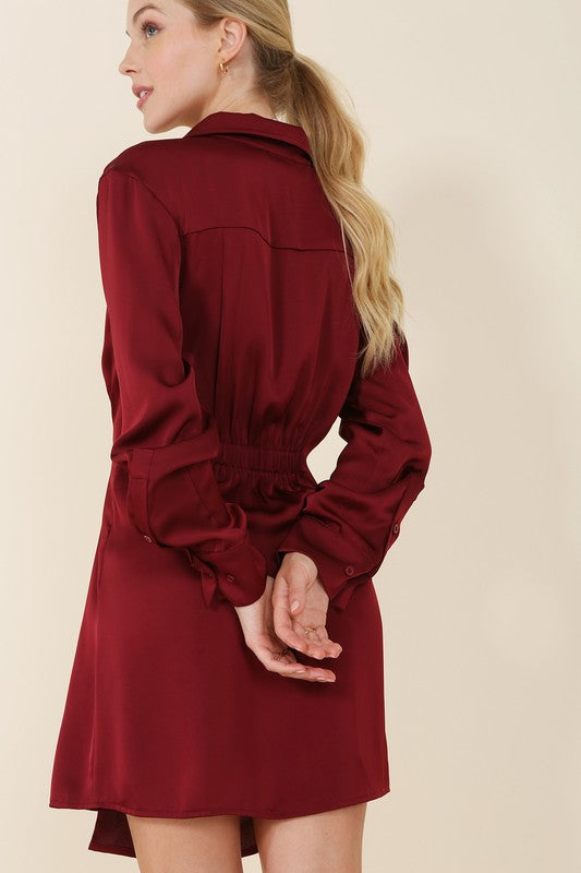 Long-Sleeved Satin Collared Wrap Mini Dress - steven wick