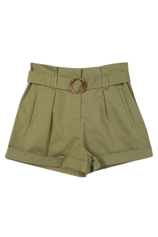 Solid High Waisted Wide Thigh Casual Belted Shorts - steven wick