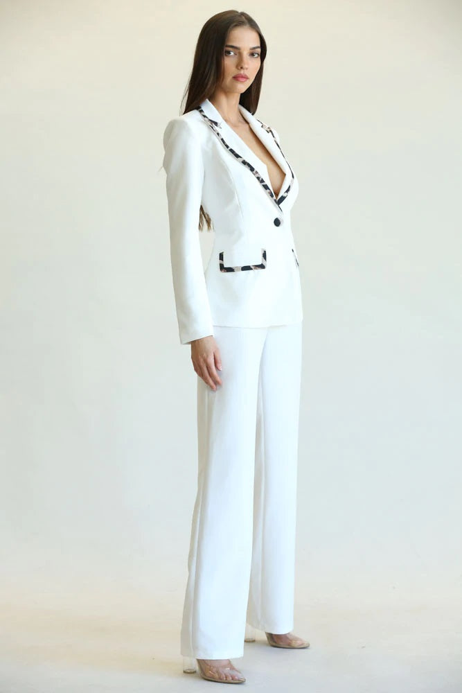 Two Piece Tailored Animal Print Contrast Pant Suit - White