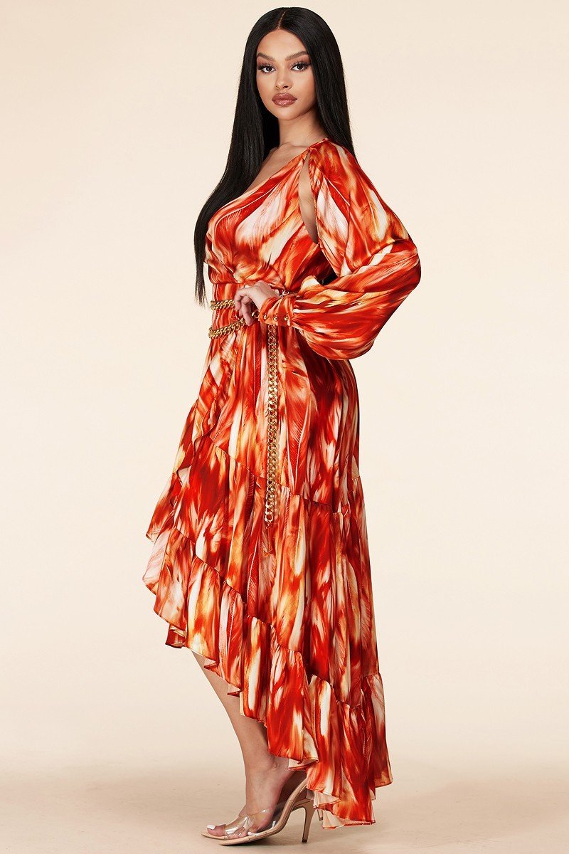 Fire Print Long Sleeve Maxi Dress - steven wick