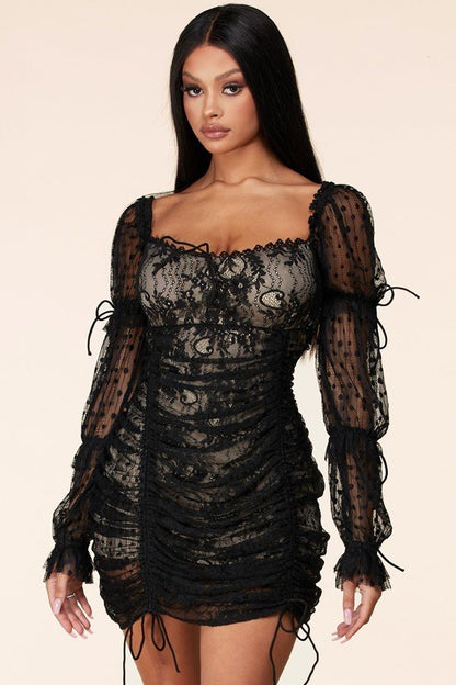 Emani Black Lace Ruched Mini Dress – STEVEN WICK