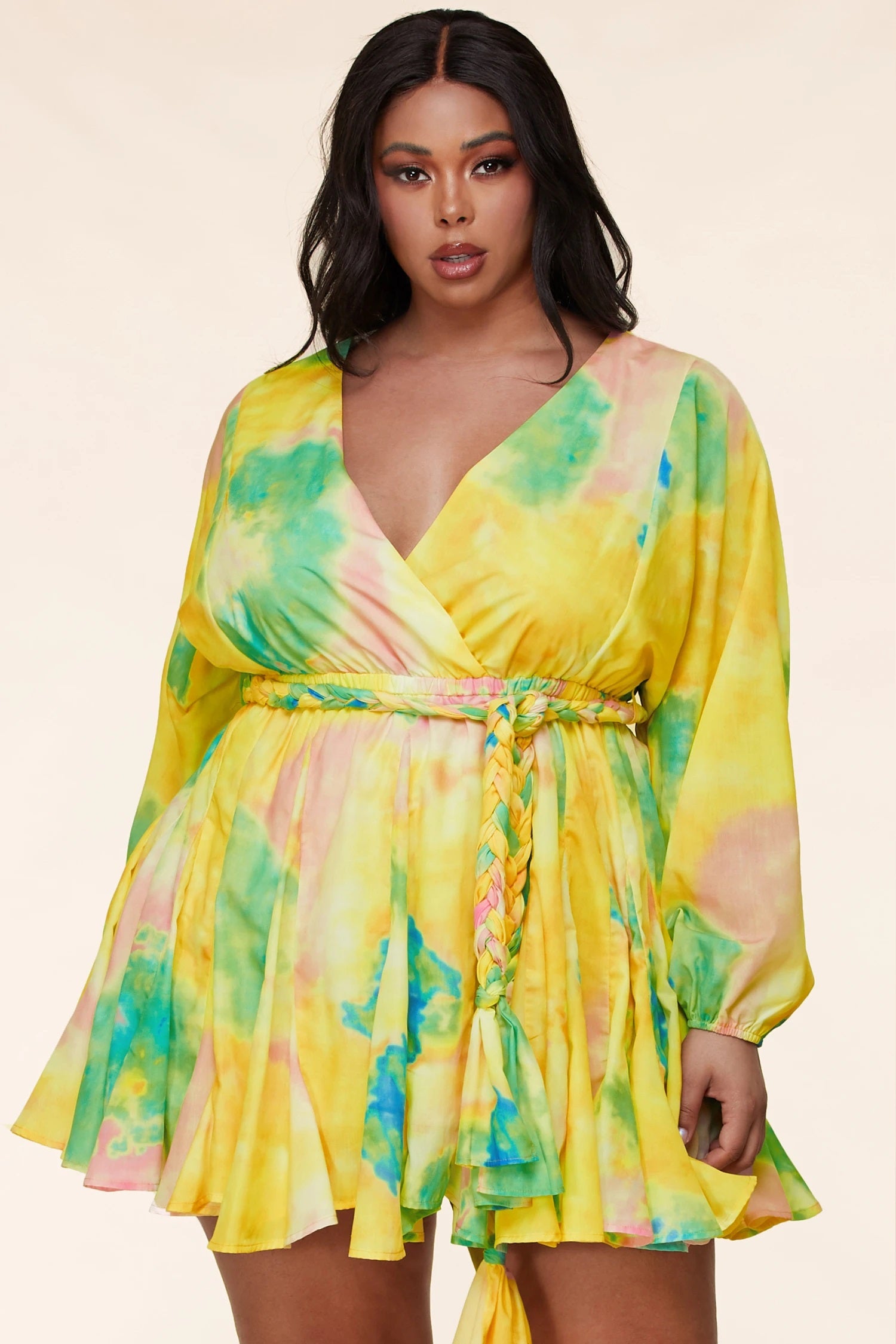 Plus Size Long Sleeve Multi Color Tie Dye Mini Dress STEVEN WICK