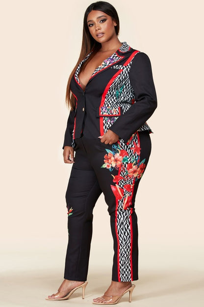 Plus-Size Black Flower Blazer Pant Suit Set - steven wick