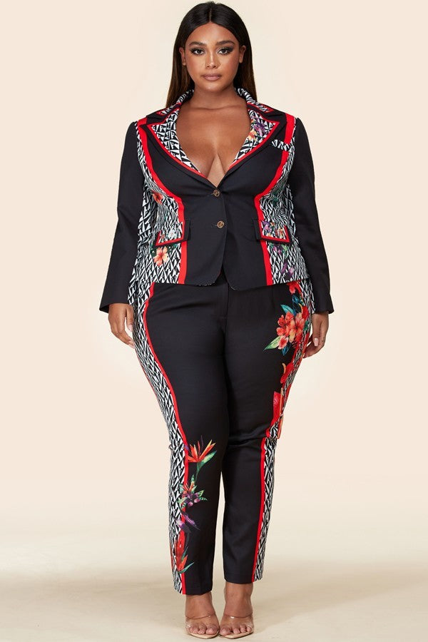 Plus-Size Black Flower Blazer Pant Suit Set - steven wick