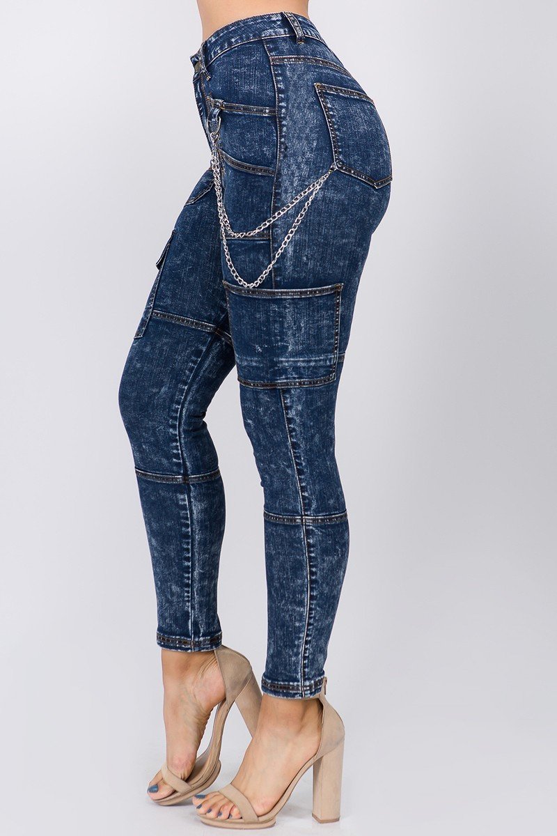 High Waist Dark Washed Skinny Jeans With Cargo Pockets – STEVEN WICK