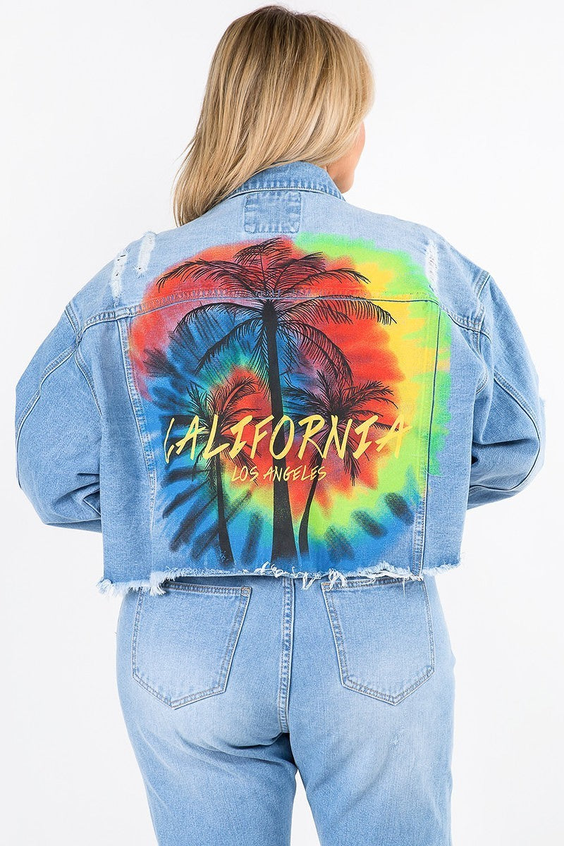 Plus Size California Painting Cropped Denim Jacket - steven wick